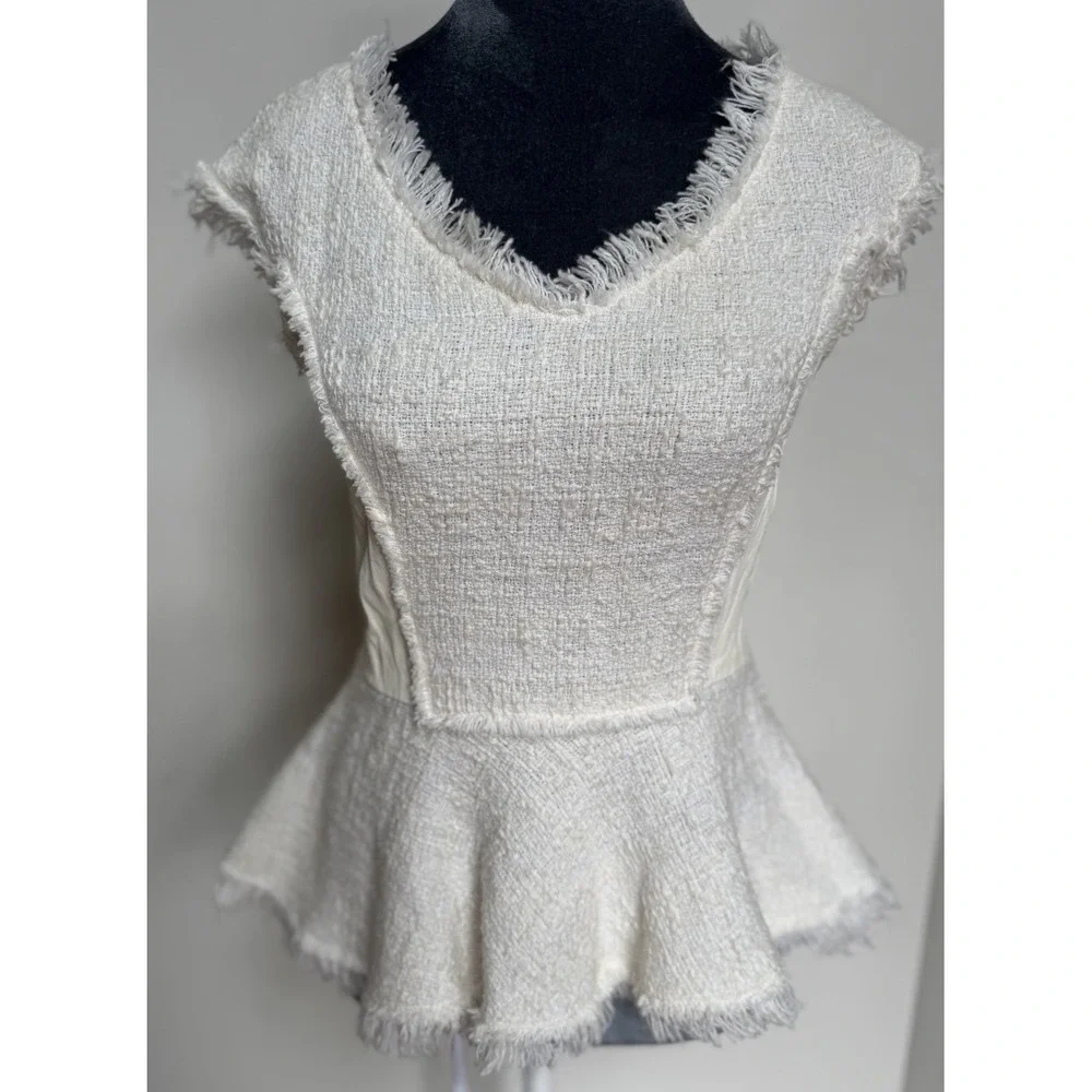 Rebecca Taylor Blouse 4 Tweed Leather‎ Peplum Coquette Old Money Luxury $350 - Picture 2 of 16